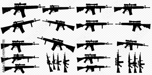 A comprehensive collection of various rifle and firearm silhouettes, some equipped with scopes, displayed in different orientations.