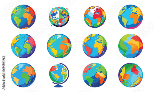 Colorful Travel Icon Set – Airport Control Tower, Binoculars, Boarding Pass, Camera, Suitcase, World Map, Mountain, Sunglasses, Backpack, Travel Guide, and Globe Vector Illustration