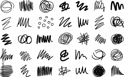 Collection of abstract black scribbles and lines on a white background