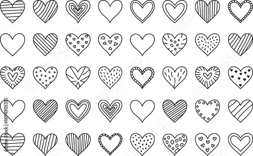 A charming collection of hand-drawn hearts in various doodle patterns, perfect for expressing affection and love.