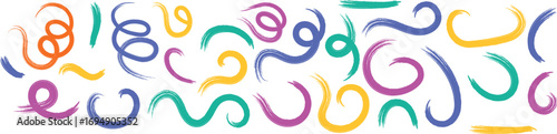 Colorful Curly Line Art Vector Set – Hand-Drawn Swirl, Loop, and Scribble Doodle Elements – Fun Abstract Shapes for Design, Backgrounds, Crafts, or Digital Decorations.