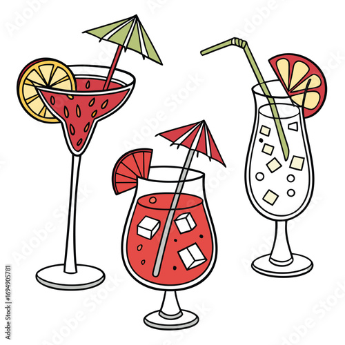 Three Assorted Cocktails with Fruit, Ice, and Umbrellas drinks summer