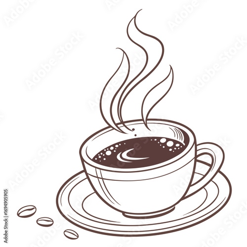 Hand drawn illustration of a hot cup of coffee with steam and coffee beans saucer steaming