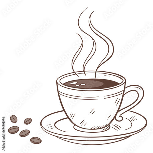 Hand drawn illustration of a steaming cup of coffee on a saucer with coffee beans vector