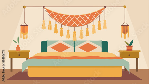 A macrame wall hanging above a boho bed frame adorned with soft textured bedding and embroidered throw pillows.