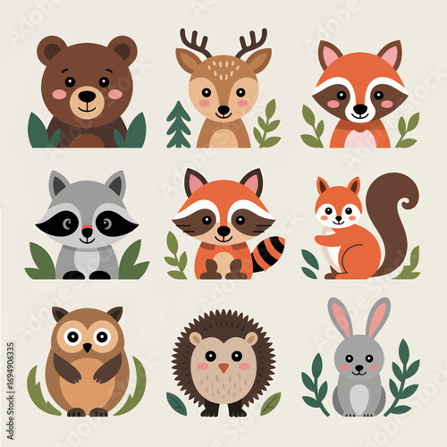 Charming woodland animals illustration featuring a bear deer fox raccoon squirrel owl hedgehog and rabbit perfect for children's decor and educational materials with a cute cartoon style