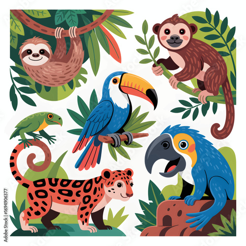Colorful jungle animals illustration featuring a sloth toucan monkey parrot jaguar and frog amidst lush green foliage perfect for children's books and educational materials