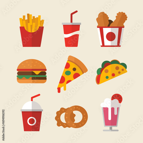 Colorful flat vector illustration showcasing a variety of fast food items including burger fries pizza taco fried chicken drink pretzel and milkshake on a light background perfect for menu design