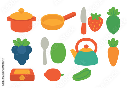 Autumn harvest icons: wheat, pumpkin, apple, corn, rake, basket, scarecrow, sunflower