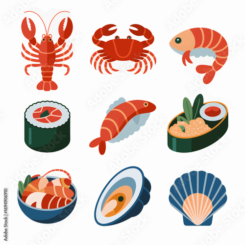 Seafood assortment featuring lobster crab shrimp sushi roll and oyster presented in a flat vector style perfect for menus culinary designs and seafood restaurant promotions