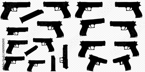 Silhouettes of various handguns and magazines in different orientations on a transparent background.