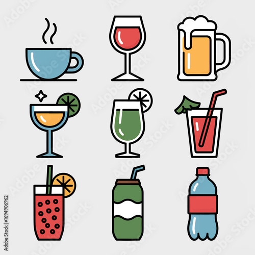 Colorful beverage icons showcasing a variety of drinks including coffee wine beer cocktails juice soda and water perfect for menus posters and promotional materials with a modern design