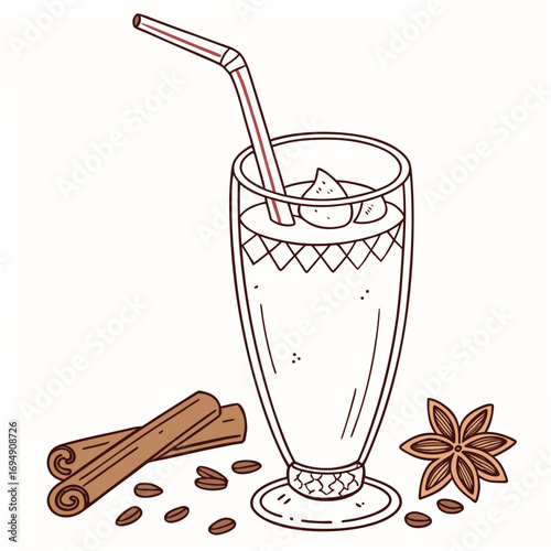 Hand drawn illustration of a milkshake with cinnamon sticks and coffee beans drink beverage