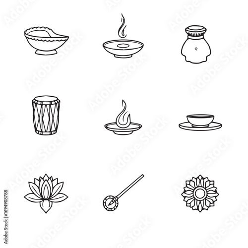 Puja Ritual Items Line Art Icon Set.. A minimalist vector icon set of puja items, rendered in monochrome line art. 