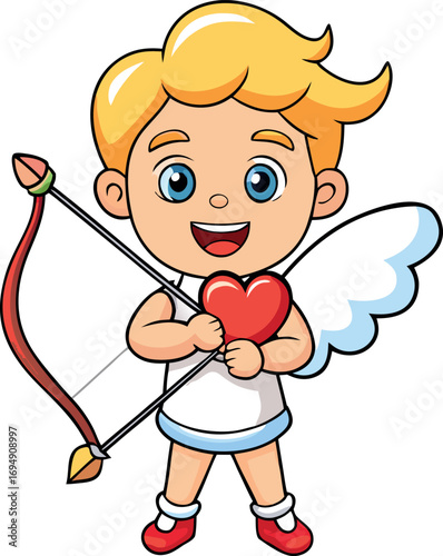 Cute Cartoon Cupid Holding a Heart Ready to Shoot His Arrow of Love