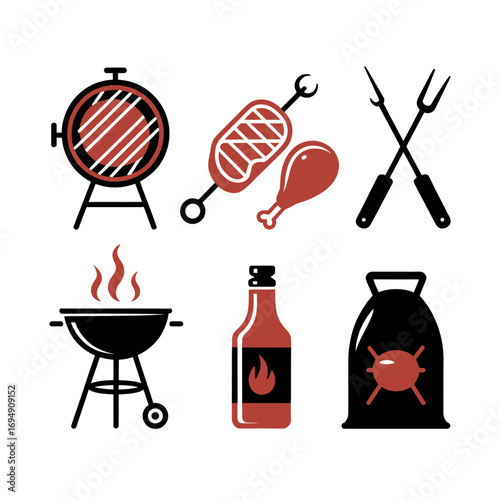 Barbecue icons featuring a grill meat skewer chicken leg forks sauce bottle charcoal bag all in black and red perfect for summer cookouts and grilling promotions