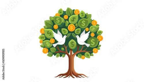Money Tree with Birds, Financial Growth.
