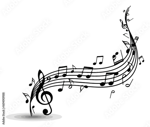 Musical Notes and Staff Waving on White Background.