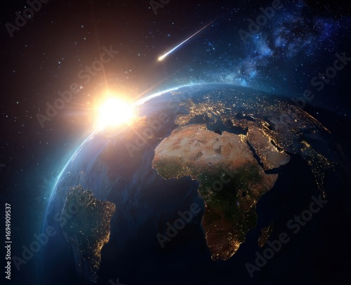 Earth seen from space at sunrise with a comet