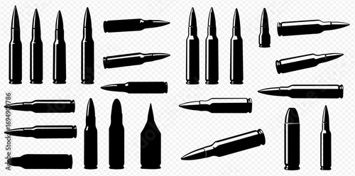 A collection of various bullet and cartridge vector illustrations and silhouettes on a transparent background.