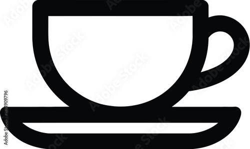 Simple black and white icon of a coffee cup and saucer, representing beverage and cafe culture.