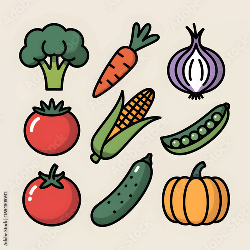 Colorful cartoon vegetables including broccoli carrot onion tomato corn peas cucumber and pumpkin are arranged on a light background perfect for healthy eating and nutrition concepts