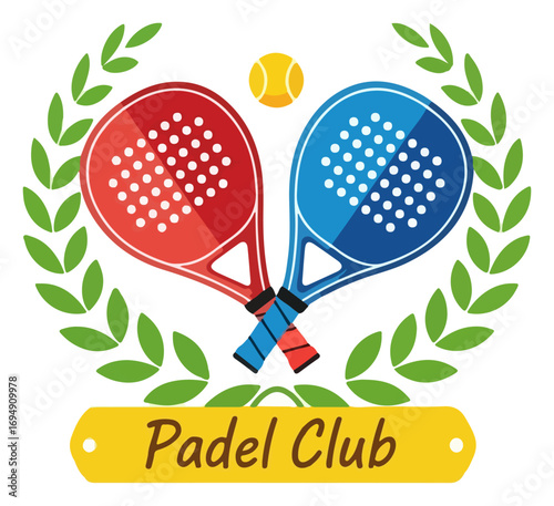 Padel Club Emblem with Crossed Rackets and Laurel Wreath.
