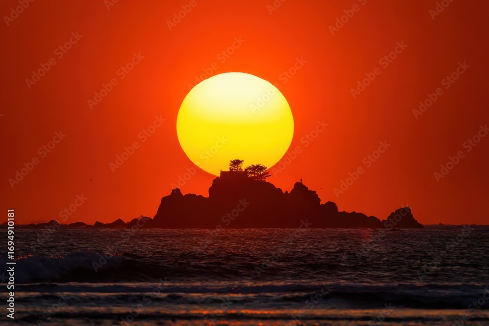 Obraz premium Fiery sunset over a rocky island