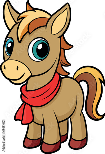 Adorable Cartoon Baby Horse Wearing a Red Scarf Standing Happily