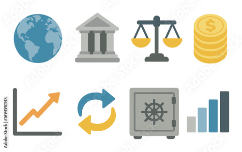 Global finance icons: currency, bank, scale, arrow, safe, chart illustrations
