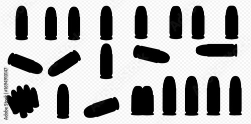 A graphic collection of black bullet and cartridge silhouettes in various orientations on a transparent background.