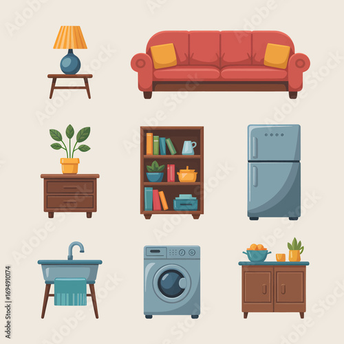 Cartoon illustration showcasing a variety of home furniture items including a sofa refrigerator washing machine sink bookshelf tables and cabinets in a clean organized arrangement