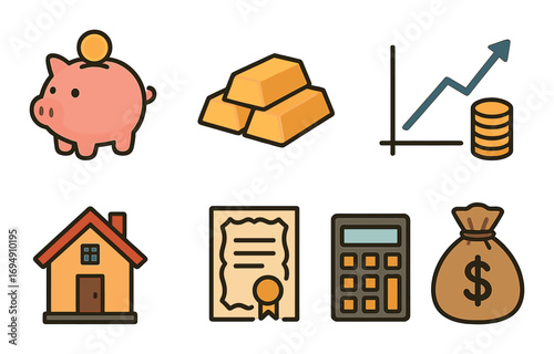 Financial growth icons piggy bank gold coins certificate calculator investments