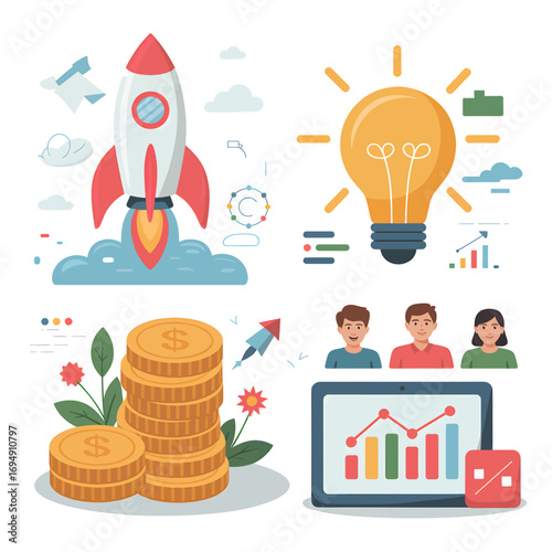 Startup growth illustration featuring a rocket launch lightbulb idea financial gains and team collaboration for business success and innovation perfect for presentations and websites