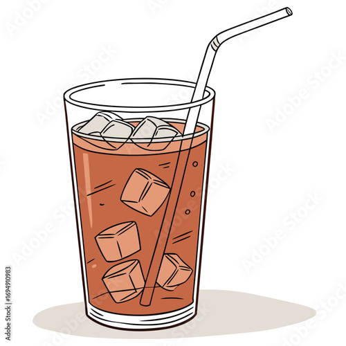 Cartoon iced coffee in a glass with a straw and ice cubes drink beverage