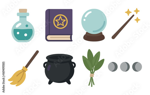 Mystical icons: potion, spellbook, crystal ball, wand, broom, cauldron, herbs, moon phases