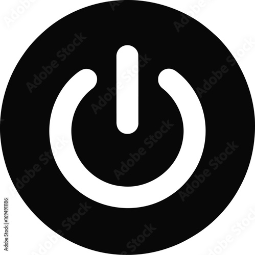 Simple white power button icon on a black circular background, representing start and stop functions.