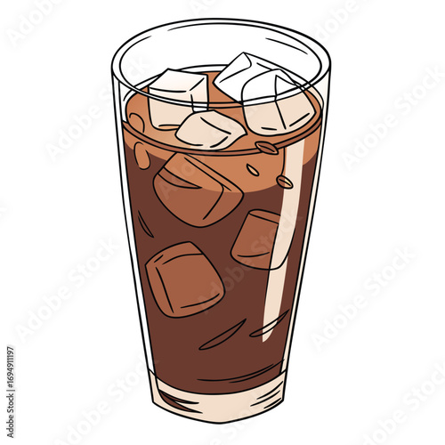 Illustration of iced coffee in a tall glass with ice cubes and brown liquid drink beverage
