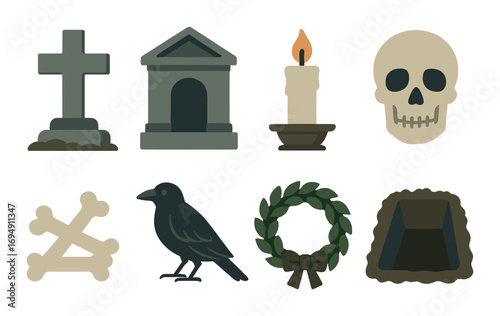 Eerie symbols: grave, mausoleum, candle, skull, bones, raven, wreath, coffin