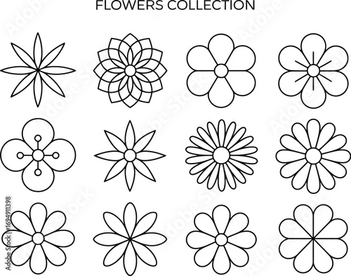 A collection of twelve stylized, outline floral illustrations arranged in a grid.