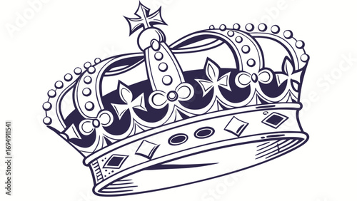 Detailed line art illustration of a royal crown with jewels and cross on top in elegant design style