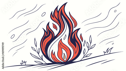 Illustration of stylized fire flames with surrounding foliage and abstract wind lines design