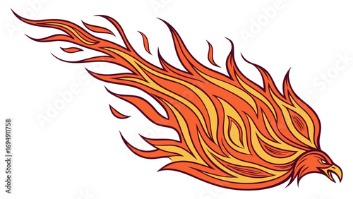 Illustration of a phoenix in flight with vibrant orange and yellow flames emanating from its body and tail