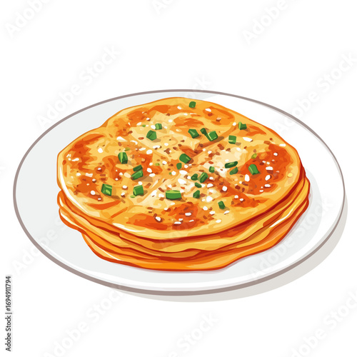 Kimchi Pancake, vector graphic, 2D flat isometric cartoon illustration on white background.
