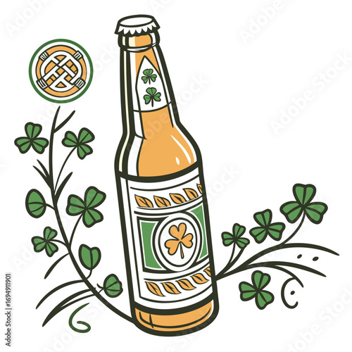 Beer Bottle With Shamrocks And Celtic Knot Design clover lucky