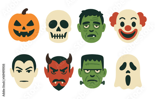Halloween icons: pumpkin, skull, monster faces, and clown masks art