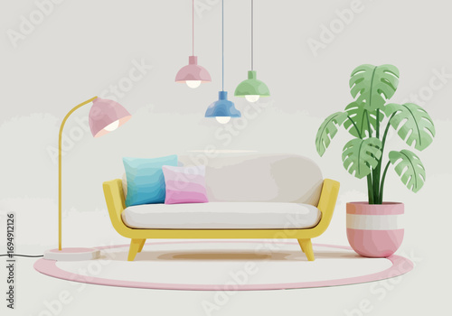Vector art of cozy living room with a yellow sofa, pastel pendant lights, and a floor lamp, creating a warm and inviting atmosphere