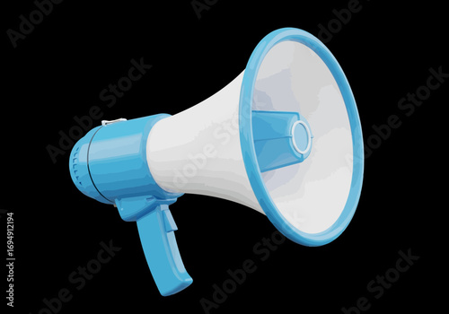 Vector art of a blue and white megaphone, symbolizing announcement, communication, and shouting, isolated on a