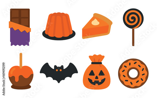 Glowing halloween sweets and symbols: chocolate, bat, pumpkin, lollipop, doughnut icons