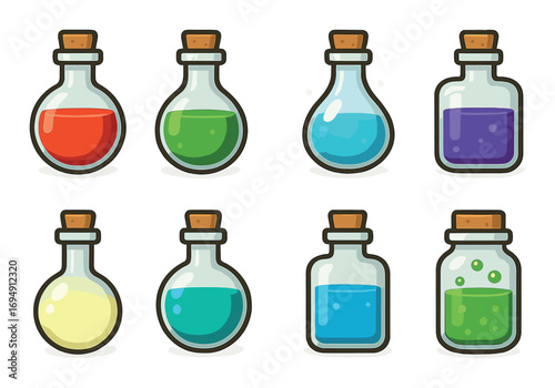 Colorful potion bottles collection with cork stoppers on gold background